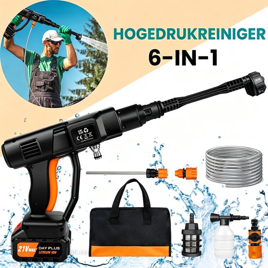 Elektrische Hogedrukreiniger, 6-in-1 Verstelbaar Mondstuk en Slang Can 5M met 1 Accu