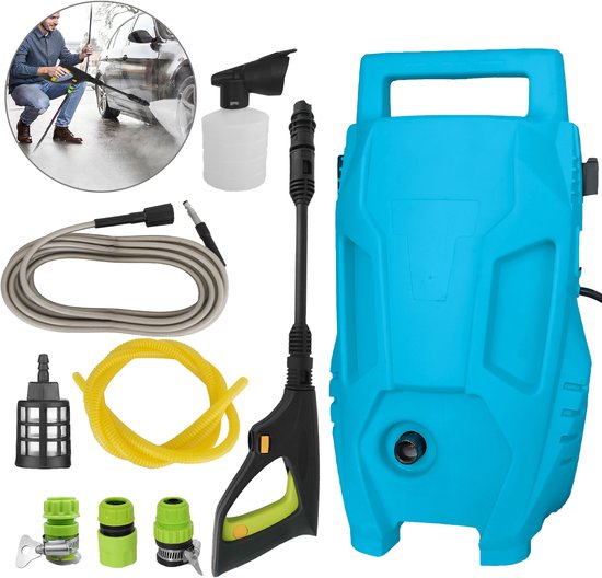 Elektrische hogedrukreiniger compleet‑set met 7‑m afvoerslang en 2‑m toevoerslang, spuitpistool, schuimfles en aansluitonderdelen voor auto en terrasreiniging