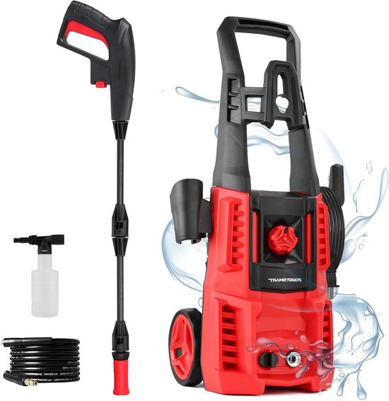 Elektrische hogedrukreiniger - Krachtige reiniger - Terras en auto wassen - 1850 PSI maximale druk - 18 meter snoer - Rood