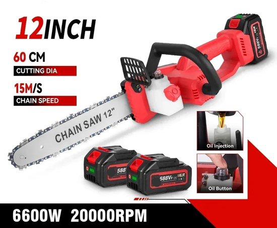 Elektrische Kettingzaag - met Accu - Snoeischaar - Handbediend- 12 Inch - 6600W - 20000RPM - Draadloos - Borstelloos - Snijden - Compatibel met 18V Accu - voor Tuinonderhoud - Renovatie - 2 Batterij van Merkloos	