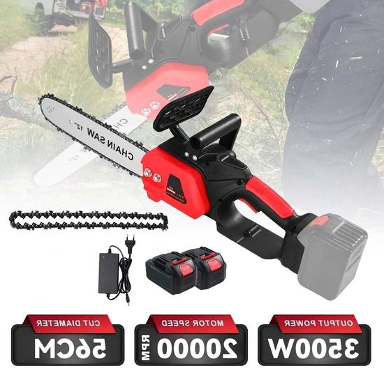 Elektrische Kettingzaag - Snoeizaag - Handzaag - Kettingzaag Accu - 12 Inch - 3500W - Borstelloze - voor Houtzagen - Snoeien - en Tuinonderhoud - 2 Accu van Merkloos	