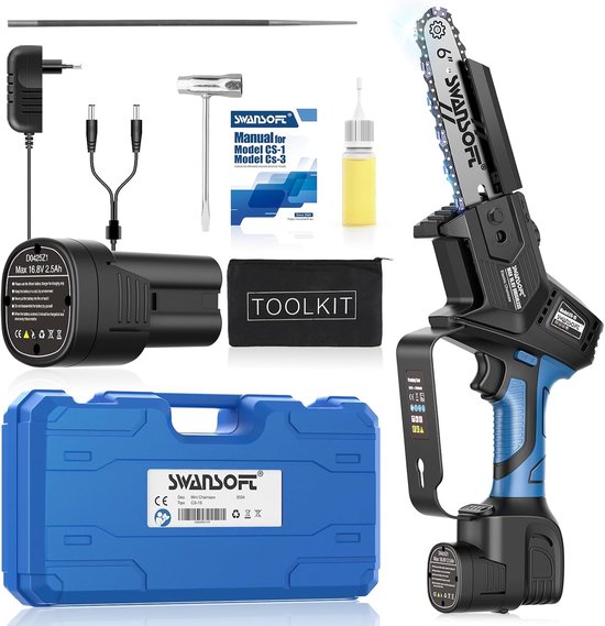 Elektrische kettingzaag - Takkenzaag mini - Snoeien en zagen - Automatische oliepomp - 168 Volt - Blauw