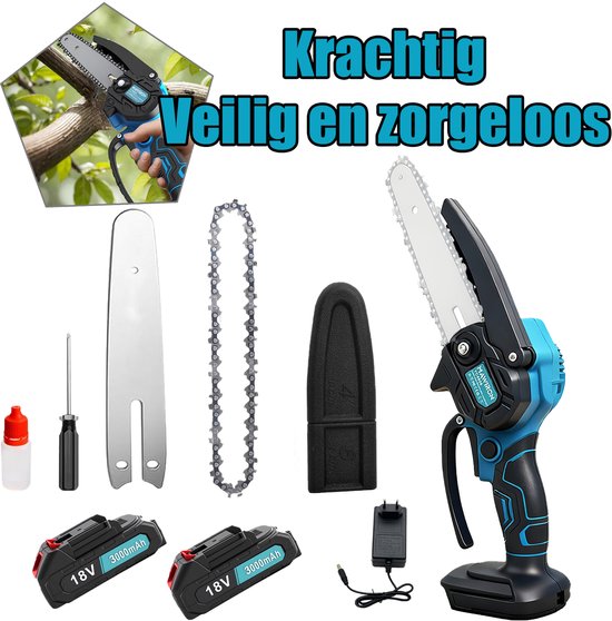 Elektrische mini kettingzaag 6 inch draadloos handzame kettingzaag op batterijen zaag geschikt voor hout zagen, snoeien, houtbewerking, inbegrepen 2 3.0mAh batterijen van Merkloos	