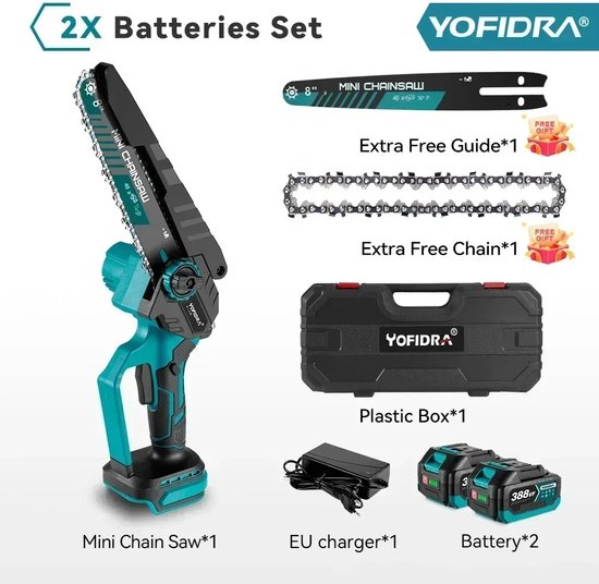 Elektrische mini kettingzaag - Draadloos - op accu - 8 inch - incl. 2 accu's en extra ketting - kan met een 18v makita accu gebruikt worden - Snoeizaag - Takkenzaag - Handzaag - Boomzaag van EasyGarden
