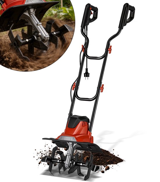 Elektrische motorhak, motorhak, tuinfrees, grondhak, grondfrees, cultivator, tuinieren, 1050 W rode en zwarte elektrische grondfrees van Merkloos	