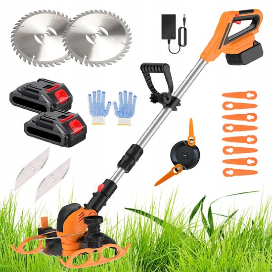 Elektrische Onkruidverwijderaar - Grastrimmer - Kantenmaaier - 21V - 100W - 0-90° - 3 Messen - 15000 RPM - Incl. 2 Accu's en Lader - Voor Tuin en Gazon