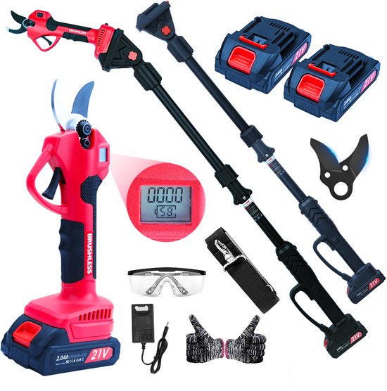 Elektrische Snoeischaar - 3000 lbs Snijkracht - Uitschuifbare Boomtrimmer - 2x 2000mAh Accu - 3 Modus - 180° Draaibaar - Inclusief Handschoenen & Extra Mes van Merkloos	