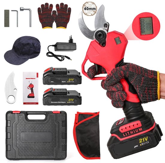 Elektrische Snoeischaar - 40mm - Accu Snoeischaar - 900W - Takkenschaar - Heggenschaar - Digitale Display - Voor Bomen - en Tuinonderhoud - 2 Accu - Rood