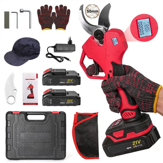 Elektrische Snoeischaar - 50mm - Accu Snoeischaar - 1000W - Takkenschaar - Heggenschaar - Digitale Display - Voor Bomen - en Tuinonderhoud - 2 Accu - Rood van Merkloos	