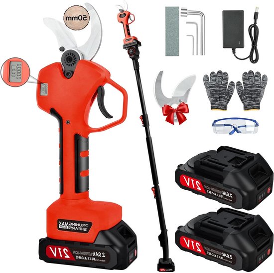 Elektrische snoeischaar draadloos met 2 meter telescopische stok: 2 x 2000 mAh batterij, snijdiameter 25-50 mm, tuinschaar voor heg boom fruit. van Merkloos	
