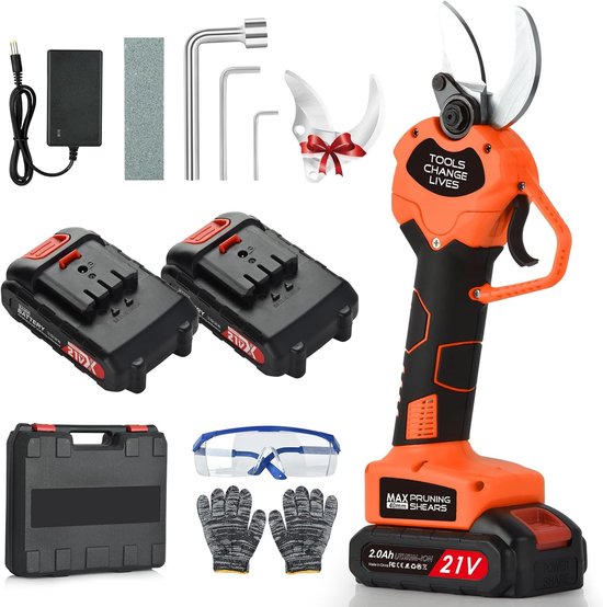 Elektrische Snoeischaar - Draadloze Snoeischaar - Geschikt Voor Alle Soorten Harde En Droge Takken - Bloemenschaar - Takkenschaar - Heggenschaar - 2 Accu's Met Acculader - Max 40 Mm Snijdiameter - Incl. Opbergbox - Scherp Blad van Huishoudplaza