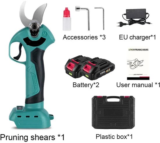 Elektrische Snoeischaar - Heggenschaar - Takkenschaar - Draadloos - Tuin Snoei Schaar - 500W - 4 Snelheden – Voor 21V/18V Accu – Inclusief 2 Accu en EU Stekker – Ideaal voor Bomen, Fruitbomen en Bonsai van VONROC