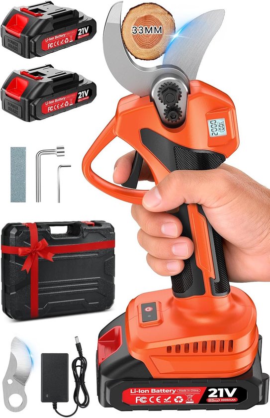 Elektrische snoeischaar met display, licht en draagbaar, elektrische snoeischaar met 1000 W borstelloze motor en 21 V, 2 x 2000 mAh batterijen, 4 tot 6 uur batterijduur, complete set voor