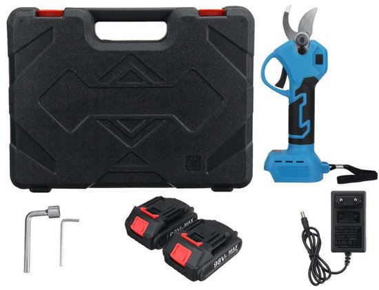 Elektrische snoeischaar met lithium-ionbatterij - Elektrische tuinschaar - MT Blauw/Zwart - Snoeischaar met rubberen coating - Voor het snoeien van takken en heggen - Europese norm - Inclusief twee accu's en een oplader