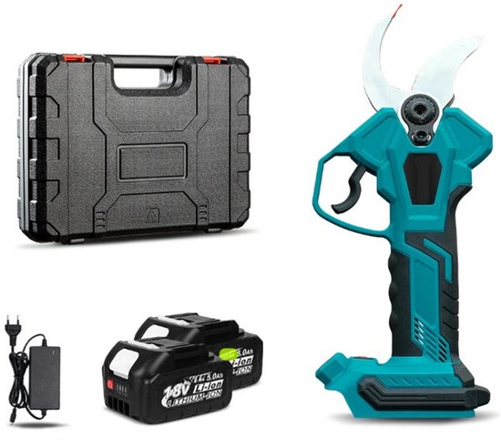 Elektrische Snoeischaar - Snoerloze Takkenschaar - Tuinschaar - Draadloze - Borstelloze Motor - met Draagtas - 50mm Snijbreedte - Koolstofstalen Mes - 2 x 5.0Ah Batterij - Oplader - Blauwgroen van Merkloos	