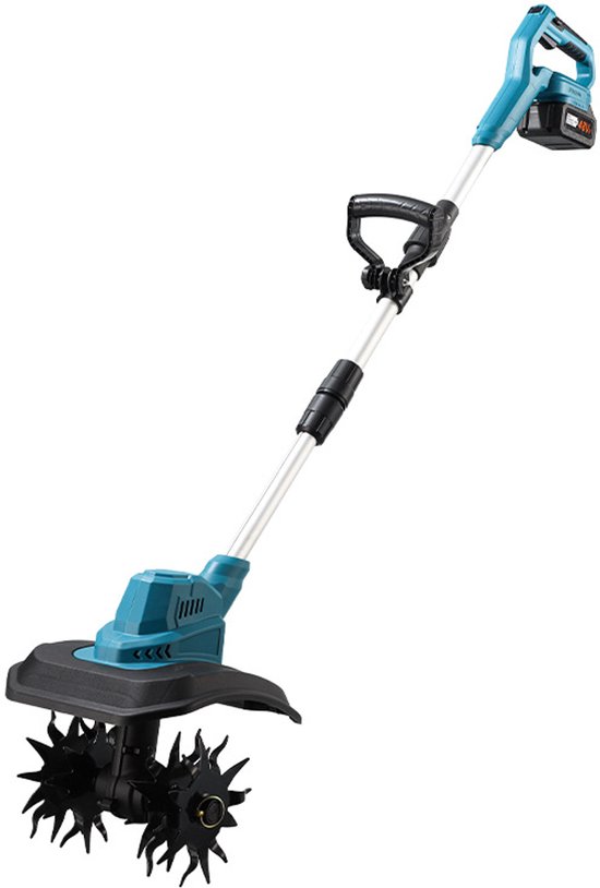 Elektrische snoerloze grondfrees, 28 cm breed werkt op een 48V accu met stalen messen en accucapaciteitsindicator geschikt voor het bewerken van gazon tuin grond blauw