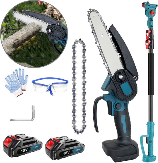 Elektrische stokzaag voor het snoeien van bomen, 15 cm mini-kettingzaag draadloos met verlengstang, 2x 3,0 Ah accu, gereedschaploze kettingspanning, boomtrimmer voor het snoeien van takken.