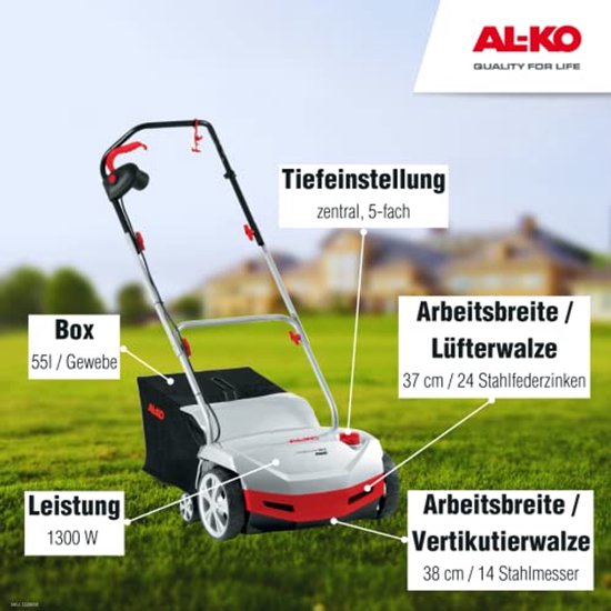 Elektrische verticuteermachine voor gazononderhoud - 1300W, 38cm werkbreedte van Merkloos	