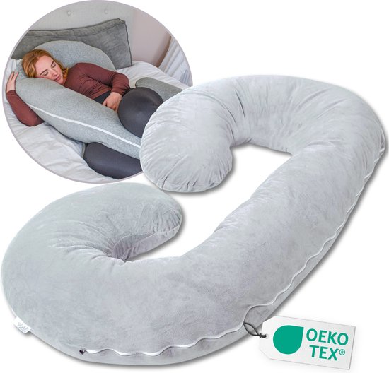 Ella® Zwangerschapskussen XXL C-vorm - Zijslaapkussen - Lichaamskussen - Voedingskussen - Body Pillow - 150x70cm - Afneembare Jersey Katoenen Hoes, Lichtgrijs van Ella®