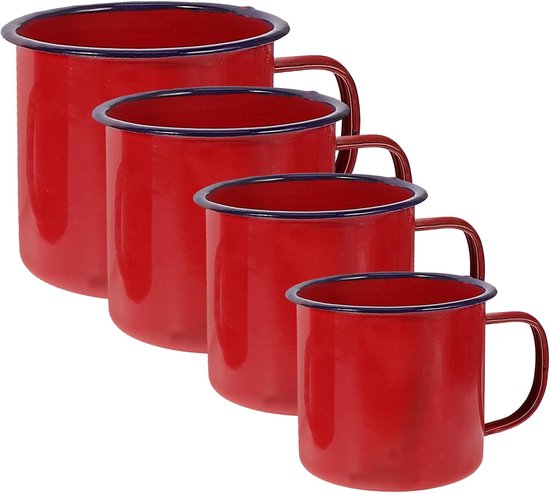 Emaille mok met email - 4 stuks - gemakkelijk te reinigen waterbeker - drinkservies van email - raamsticker - koffiemok - reiskoffiemok - kleine mokken van emaille koffiekopjes - rood - duurzaam en lichtgewicht van Merkloos	