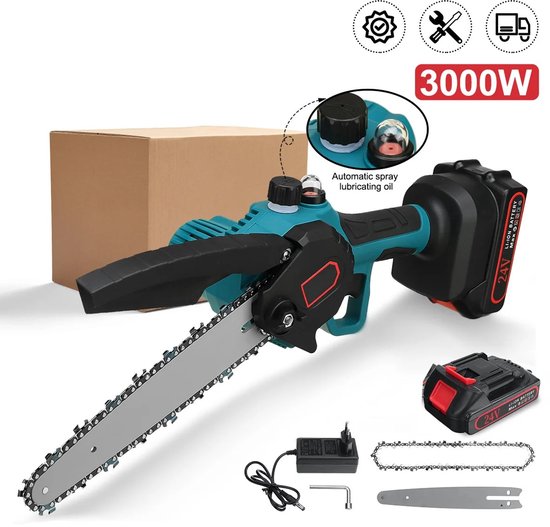 Emvae Kettingzaag - Mini Kettingzaag - Accu Kettingzaag - Snoeizaag en Takkenzaag - Compatibel met 18V Makita Accu - 2 Accu's - 8 Inch - EU Stekker van Merkloos	