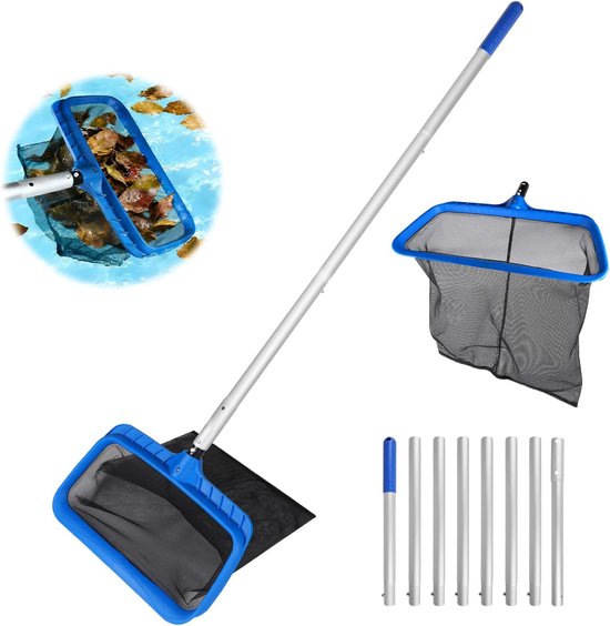 Épuisette de fonds voor zwembaden, Filet de nettoyage met enkele glazen 2,8 m filet voor zwembaden, épuisette pour étang, spa, type C (Cadre Bleu Plastique - Filet Noir Grotere diepte)