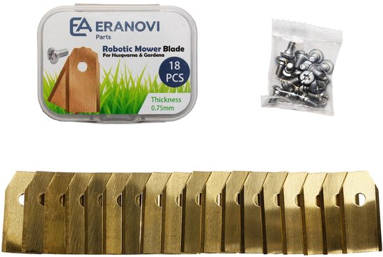 Eranovi mesjes robotmaaier - universeel geschikt voor alle Husqvarna Automower en Gardena Sileno modellen (city, life, minimo, max) - 18 stuks reserve messen - 0,75 mm titanium gecoat - incl. schroeven - robotmaaier messenset
