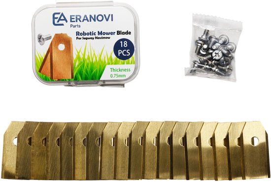 Eranovi mesjes robotmaaier - voor alle Segway Navimow - i105, i108, i110, H500, H800, H1500, H3000, X315, X330, X350, X390, X420, X430, X450, CM120, CM240 - 18 stuks reserve messen - 0,75 mm titanium gecoat - incl. schroeven - messenset