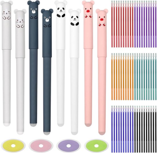 Erasable Ballpoint Pen - 8 Pack - Colour Erasable Pens - 0.5mm - Cartoon Gel Pens - 60 Refills - 4 Erasers - Kids - Students - Adults - Office Supplies van Merkloos	