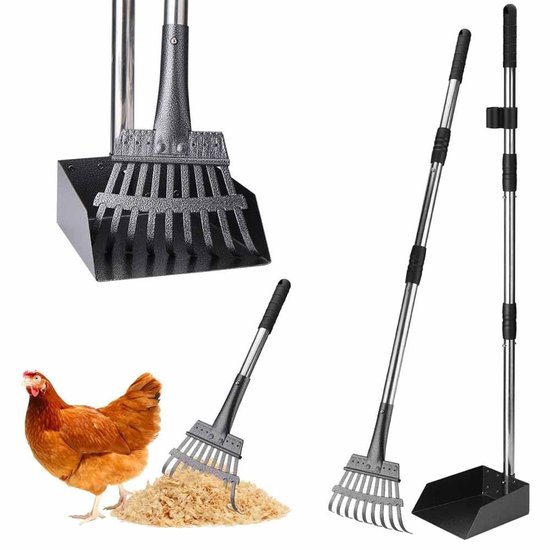 Ergonomische kippenhok accessoires: 2-in-1 kippen schep voor schoonmaken en zeven, verstelbare mestafvoer met ruimtebesparende draaggreep en hark, ideaal voor tuin en kippenhok