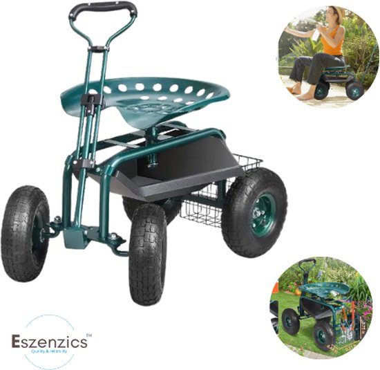 Eszenzics™ Tuinkar - Verrijdbaar - Tot 140 kg - Hoogte verstelbaar - 360gr draaibaar - Robuust staal - 4 zware luchtbanden - Uitschuifbare stuurstang - Tuinwagen - Tuinkruk - Kruiwagen van Eszenzics™