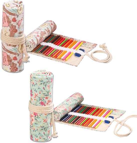 Etuis van canvas voor potloden | etui op rol, wasbaar, bloemenpatroon, voor aquarelpotloden, potloden en kleurpotloden