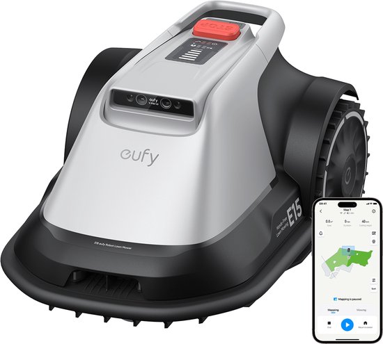 eufy Robotgrasmaaier E15, draadloos, geen RTK, geen signaalproblemen, handsfree auto-mapping, obstakelvermijding, slimme navigatie, nauwkeurig maaien met de Ride on Edge technologie, beheer van meerdere zones, 800m2, app-bediening, ultrastil van Eufy