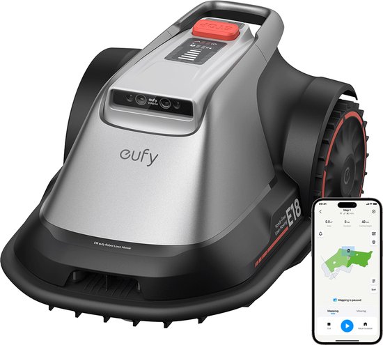 eufy Robotgrasmaaier E18, draadloos, geen RTK, geen signaalproblemen, handsfree auto-mapping, obstakelvermijding, slimme navigatie, Ride on Edge technologie, beheer van meerdere zones, 1200m2, app-bediening, 55dB geruisloos van Eufy