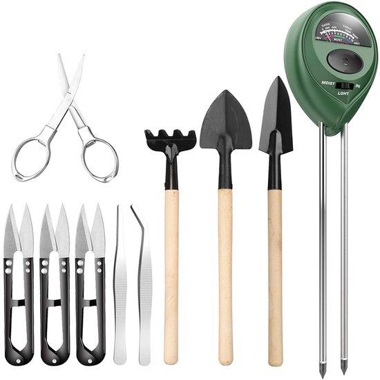 EXCITAT Bodemtester - 3-in-1 bodemtester - Wordt geleverd met 9 bonsaigereedschappen - Inclusief snoeischaar, opvouwbare schaar, mini-hark, takje en trimmerset