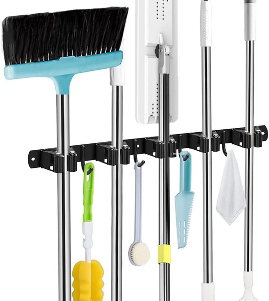 EXCITAT Wandbezemhouder - 5 beugels + 4 haken - Zwart - Robuuste gereedschapshouder - Zelfklevend - Met bevestigingsspijkers - Tuingereedschapshouder van roestvrij staal van EXCITAT