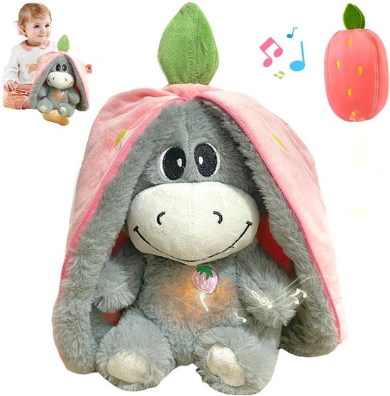 Ezel pluche dier - ademend pluche aardbeivorm - verstelbaar op 4 niveaus - realistische adembeweging - licht en muziek - pluche ezel voor kinderen van SOHIMI