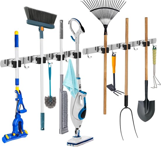 Famanu - Bezemhouder Wand 2 Stuks Gereedschapshouder Haaklijst Bezemhouder Tuingereedschap Houder Tuingereedschap 7 Houders en 7 Haken