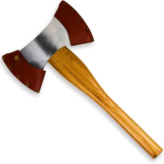 Famanu – Bijl - dubbele kop van gesmeed koolstofstaal met hickory houten handvat - inclusief zwarte leren beschermhoes - Viking bijl - 42 cm / 1,4 kg. van Famanu