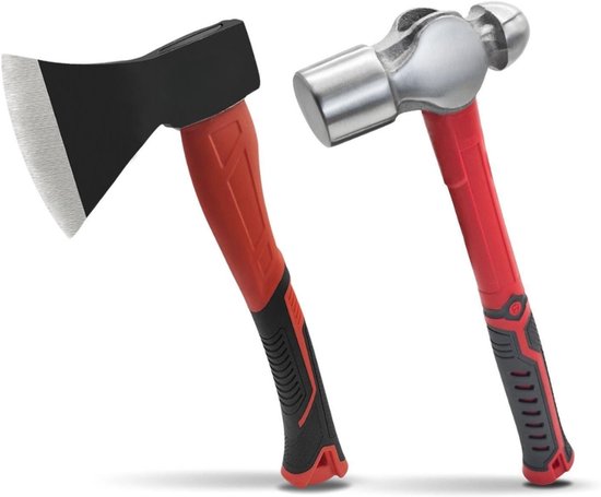 Famanu – Outdoor Bijl en 900g Kruisblok Hamer Set - 35cm Campingbijl met Gesmeed Stalen Lemmet & Zware Metaalhamer voor Houtkloven - Metaalbewerking - Bushcraft - DIY & Survivaltaken