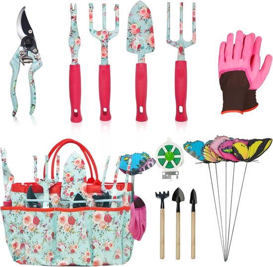 Famanu Tuingereedschapset, 16-delige tuingereedschapsgeschenken voor vrouwen en mannen, bloementuingereedschap geschenksets met snoeischaar, opbergtas met groot handvat, zwaar tuingereedschap (rode bloemen) van Famanu