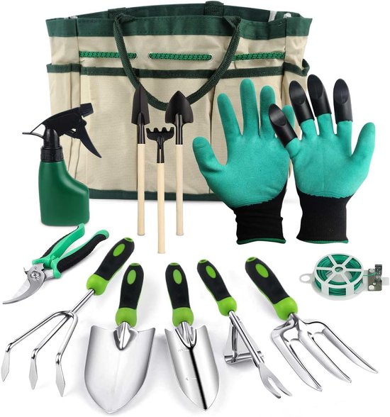 Famanu - Tuingereedschapset met houders, roestvrijstalen tuingereedschapset, handgereedschap set met zware gereedschapstas, tuingereedschapset voor mannen vrouwen met verschillende accessoires