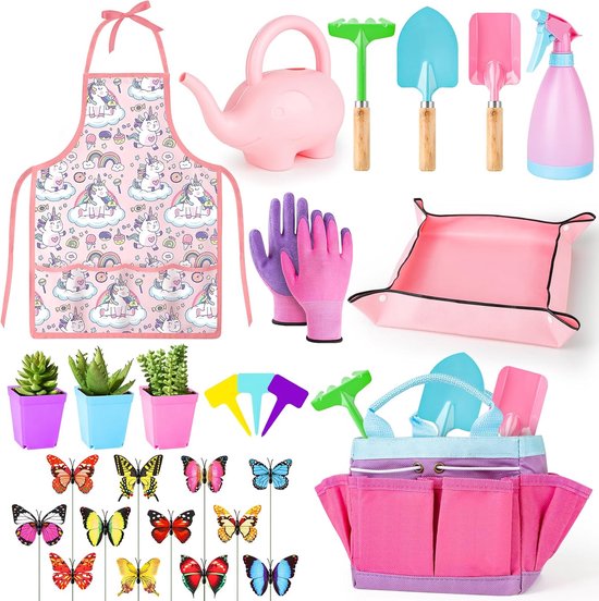 Famanu Tuingereedschapsset, bestaande uit veilige schep, hark, vork, handschoenen, schort, gieter en canvas tas, tuinset voor jongens en meisjes vanaf 3 jaar, roze van Famanu