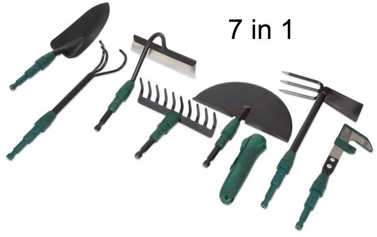 Fameilleur tuingereedschap- 7 in 1- gereedschap voor in de tuin- Tuin accessoires- Tuinaccessoires-Tuin apparatuur- Tuinapparatuur-Tuin werktuigen- Tuinwerktuigen- tuingereedschapset- tuin set-1x hark-1 x schoffel-1 x drietandkrabber-1 x schepje van Fameilleur