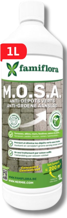 Famiflora M.O.S.A. ontmosser en groene aanslagreiniger 1 liter - Reinigt alle oppervlakten - Makkelijk te gebruiken - Kleurloos