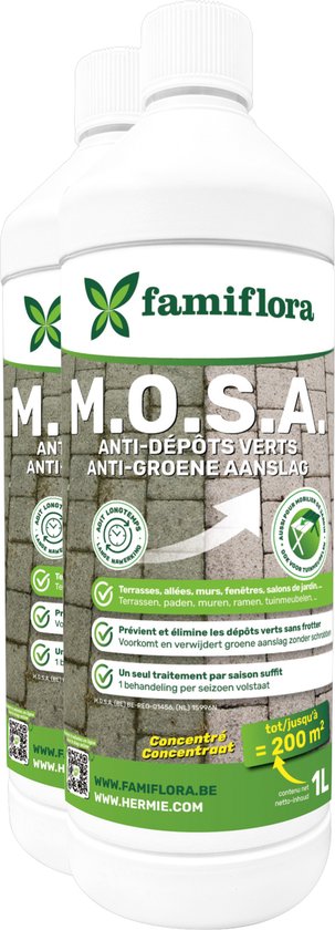 Famiflora M.O.S.A. ontmosser en groene aanslagreiniger 2 liter (2 x 1 liter) - Reinigt alle oppervlakten - Makkelijk te gebruiken - Kleurloos