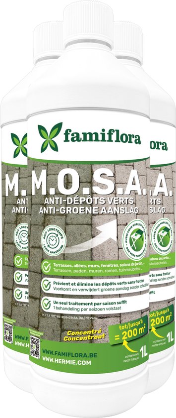 Famiflora M.O.S.A. ontmosser en groene aanslagreiniger 3 liter (3 x 1 liter) - Reinigt alle oppervlakten - Makkelijk te gebruiken - Kleurloos