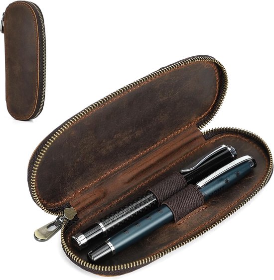FAMILY Lederen pennenetui met 2 sleuven, briefpapier etui voor 2 pennen, ovaal lederen vulpenetui (koffiebruin), Koffie, Vintage