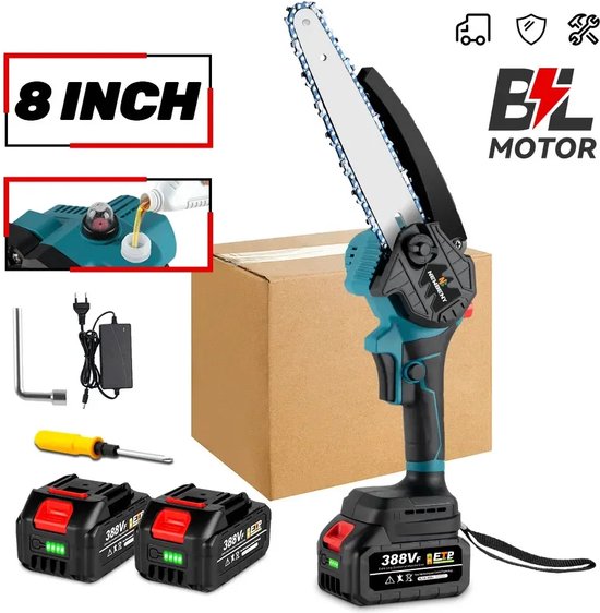 Fayb Kettingzaag - Elektrische kettingzaag - Mini kettingzaag - Handzaag - Snoeizaag - Takkenzaag - Inclusief 2 accu's - Voor Makita Batterij - 8 Inch - 18V - 1500W van Fayb