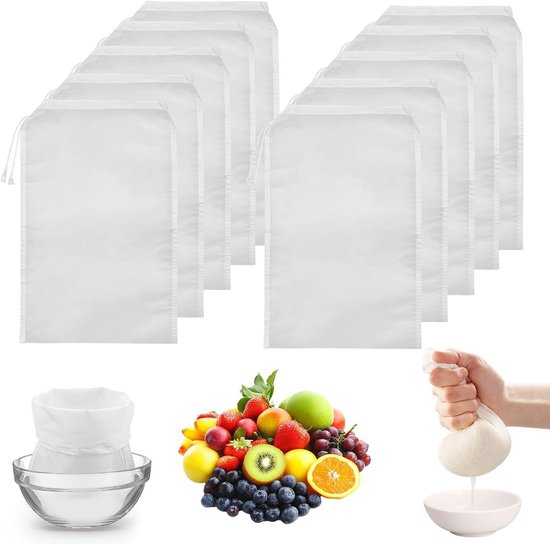 Fijnmazige passeerdoek voor kaas en vruchtensap, 10 herbruikbare nylon filterzakken, biologisch en wasbaar, ideaal voor koffie en groentesap, 20 x 30 cm. van Merkloos	